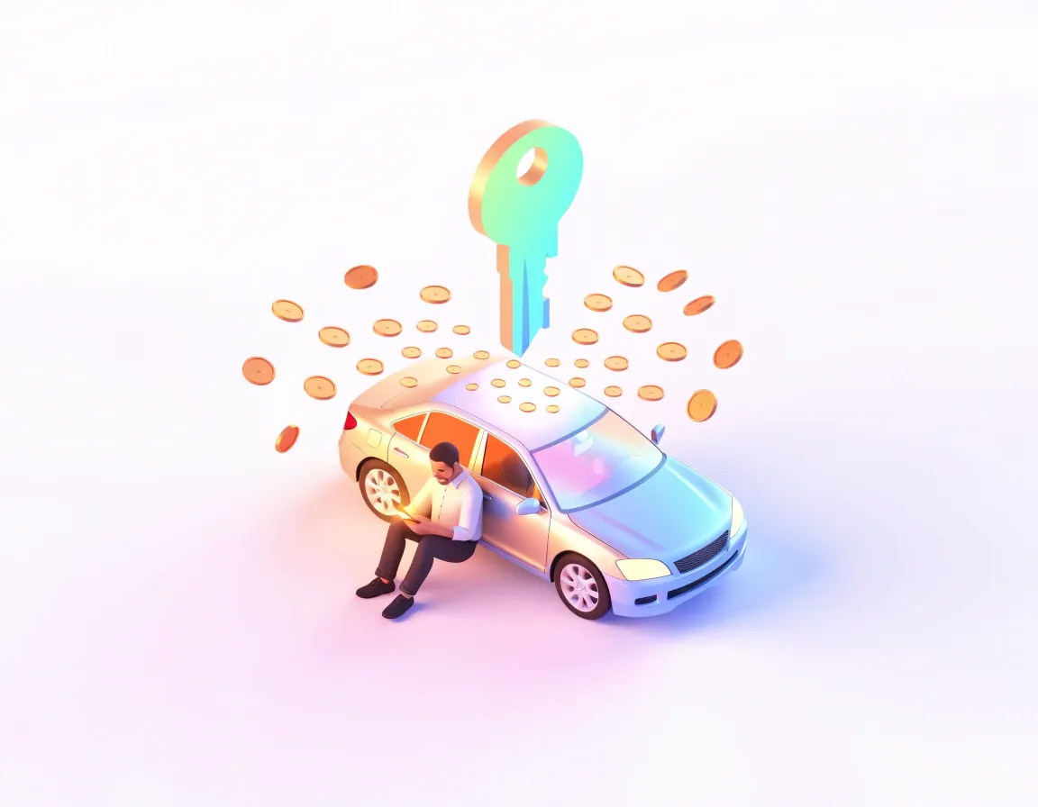 Conductor junto a su automóvil con monedas y una llave flotando
