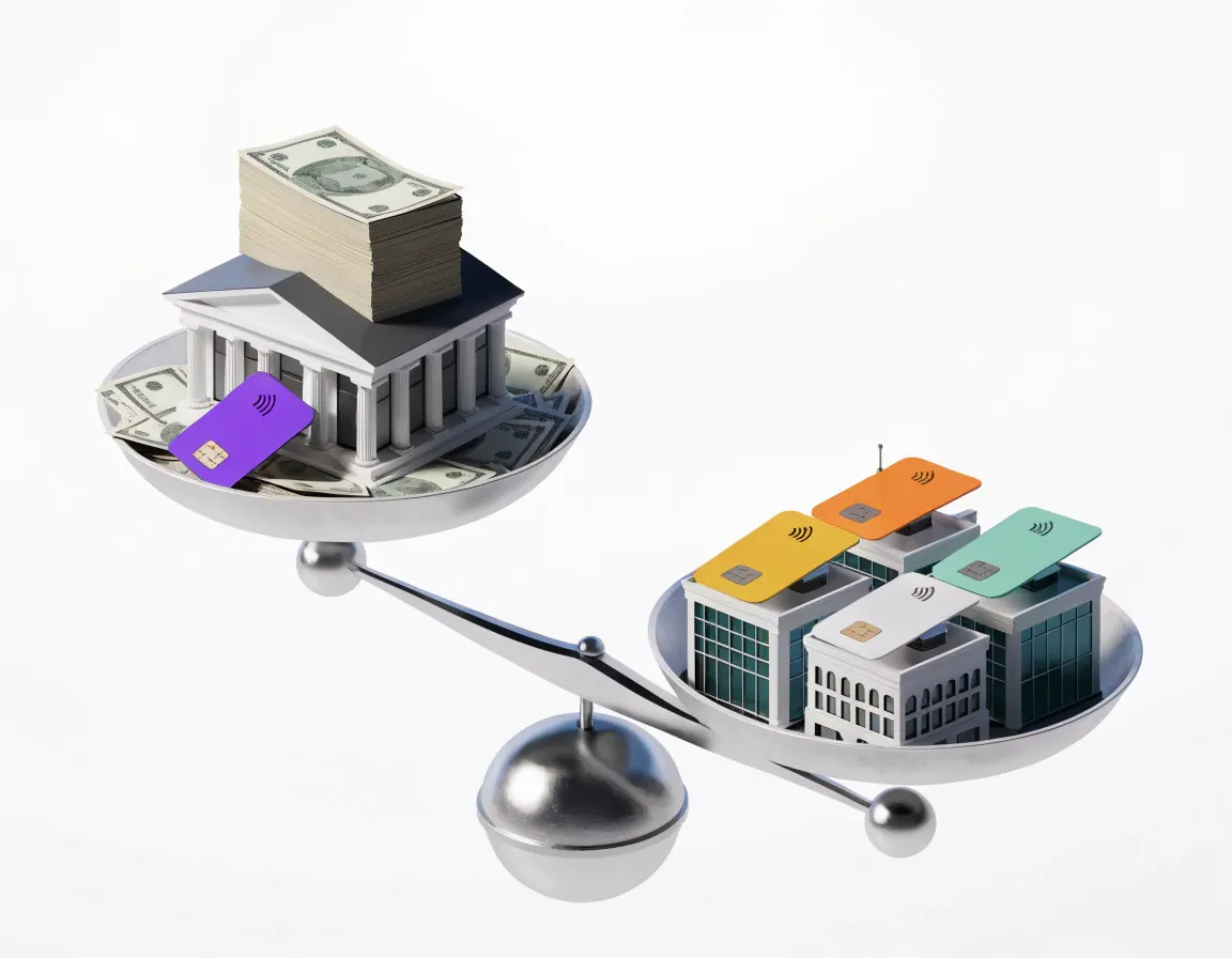 Balanza que compara un banco tradicional con varios bancos digitales